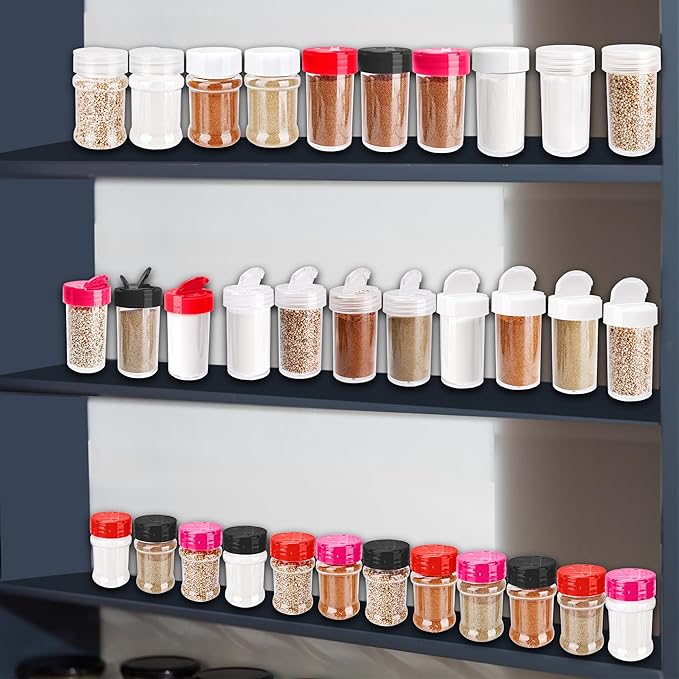 30 Pcs 2 oz Mini Plastic Spice Jars with Sifters Clear Empty Spice Bottles Round Seasoning Containers for Travel Kitchen (Red Top with 2 Side Hole)