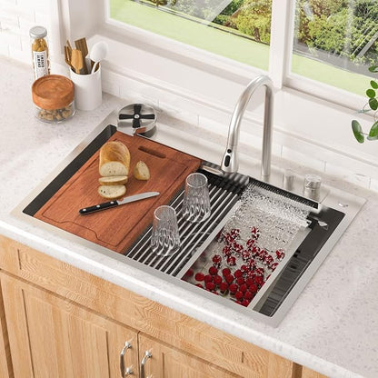 Lordear 33x22 Inch Drop In Kitchen Sink Waterfall Functional T304 16 Gauge 33 Inch Workstation Stainless Steel Single Bowl Kitchen Sinks, 33X22X10 Inch