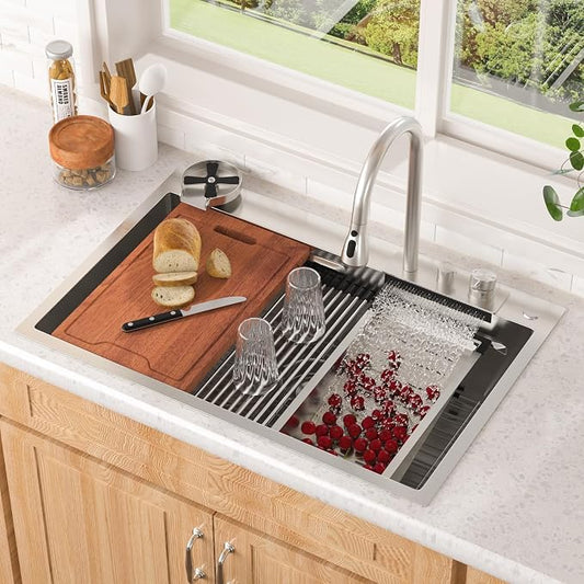Lordear 33x22 Inch Drop In Kitchen Sink Waterfall Functional T304 16 Gauge 33 Inch Workstation Stainless Steel Single Bowl Kitchen Sinks, 33X22X10 Inch