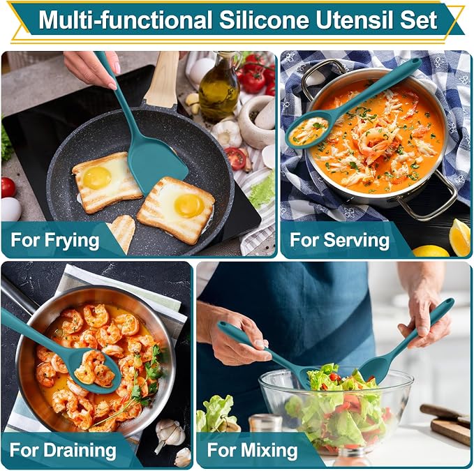 P&P CHEF Kitchen Utensil Set, 4 Pieces Non-stick Silicone Cooking Utensils, Heat-resistant Slotted Solid Spoon Turner for Frying, Mixing, Serving, Non-toxic & Easy to Clean, Blue