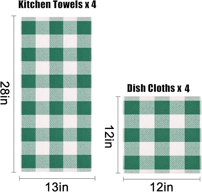 Homaxy Kitchen Towels and Dishcloths Set, 12 x 12 and 13 x 28 Inches, Set of 12 100% Cotton Waffle Weave Check Plaid Kitchen Dish Towels, Super Soft and Absorbent Dish Cloths, White & Dark Green