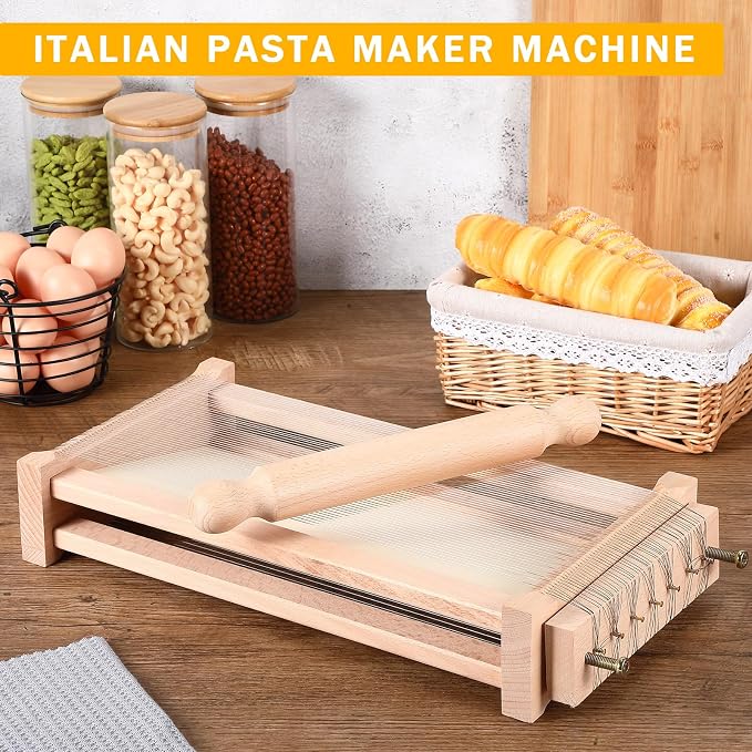 SiliFine Chitarra Cutter Italian Pasta with Rolling Pin Guitar Board Making Tool Pasta Machine for Spaghetti, Lasagna(Wood Color,Wood)
