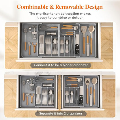 Lifewit Silverware Drawer Organizer, Expandable BPA Free Plastic Utensil Tray for Kitchen, Adjustable Flatware Cutlery Holder for Spoons Forks Knives, 21.3- 36 x 16.9", Gray