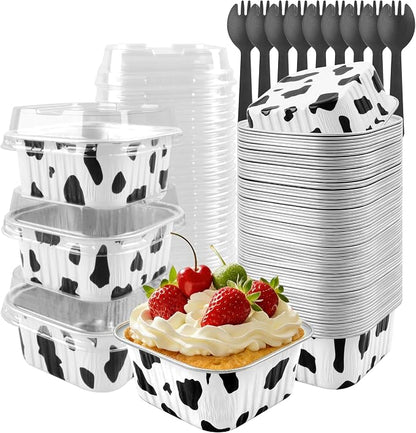 50 Pack 5oz Square Mini Cake Pans with Lids and Spoons,Aluminum Foil Baking Cups,Disposable Mini Loaf Pans Ramekins for Brownie, Cheesecake, Mousse & Wedding Party Favors-Cowprint