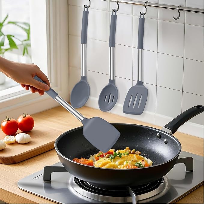 LIANYU Silicone Cooking Utensil Set, 4Pcs Heat Resistant Kitchen Utensils Set, Non-stick Stainless Steel Handle Spatula Tools, Dishwasher Safe, Grey