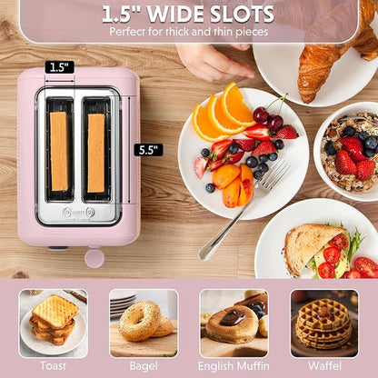 BUYDEEM DT620 2-Slice Toaster, 7 Shade Settings, Extra Wide 1.5'' Slots for Bagel & English Muffin, 6 Toasting Functions, Retro Stainless Steel Toaster with High Lift Lever, Pink