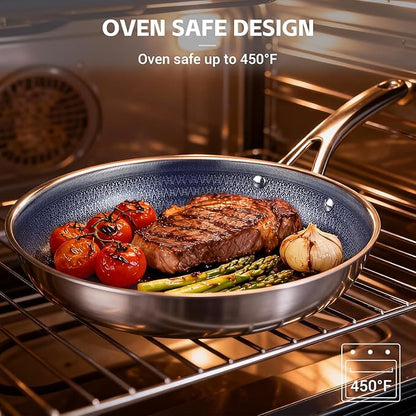 Ammeloo Hybrid Tri-Ply Stainless Steel Frying Pans Set, 8"/9.5"/11" Cooking Pans, Non Stick Frying Pans and Skillets, Chef Pan, Non Toxic, Dishwasher Safe, Induction Compatible, Blue Interior