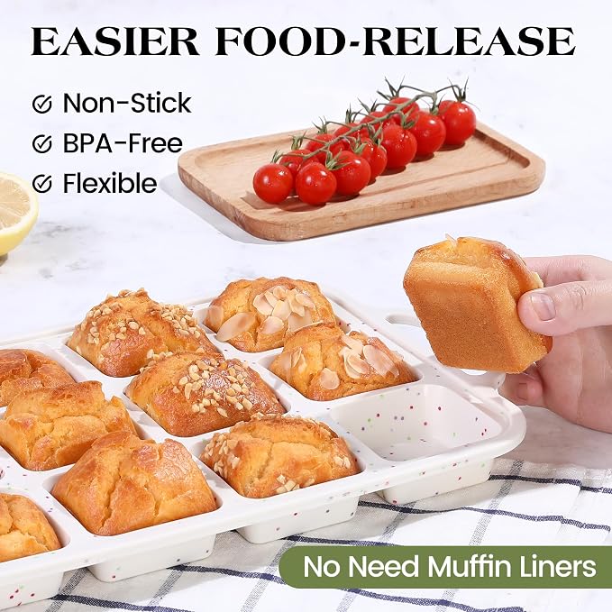 1 Pc Brownie Pan with Dividers Silicone Nonstick Mini Individual 12 Cup Square Muffin Cupcake Pans with Metal Frame(Cream)
