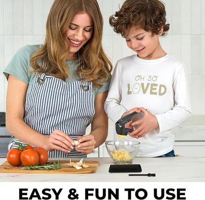 Zulay Kitchen Large Premium Garlic Press Set – Rust Proof & Dishwasher Safe, Bigger Bowl Garlic Mincer Tool with Silicone Garlic Peeler & Brush, Easy Squeeze & Clean, Ergonomic Handle - Black