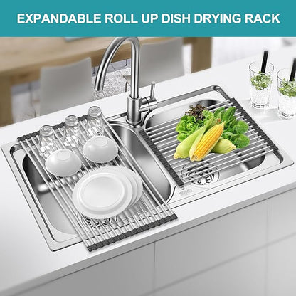 BBXTYLY Extra Large Expandable Roll Up Dish Drying Rack,Over The Sink Drying Rack Sink Cover Kitchen Sink Accessories Kitchen Rolling up Stainless Steel Drainer, Foldable,Rollable（Black，22.8''-12.4''）