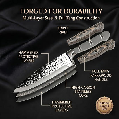 Methway Knife Set, 15-Piece Kitchen Knife Set with Block, High Carbon Stainless Steel Japanese Knife Set, Sharp Hammered Finish, Full Tang, Ergonomic Wood Grain Handle, Dishwasher Safe, Gray