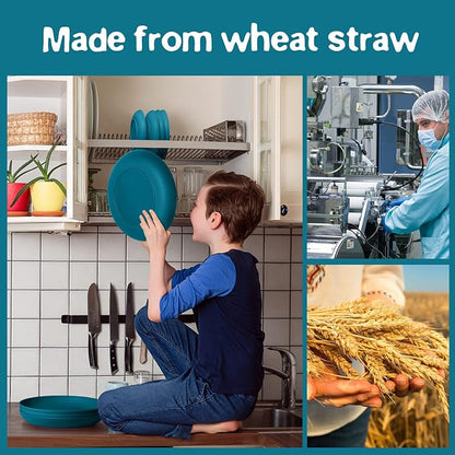 Teivio 32-Piece Kitchen Plastic Wheat Straw Dinnerware Set, Service for 8, Dinner Plates, Dessert Plate, Cereal Bowls, Cups, Unbreakable Colorful Plastic Outdoor Camping Dishes, Dark Blue