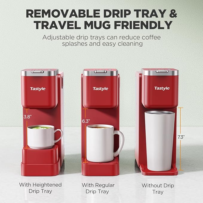 Tastyle 330MF Single Serve Coffee Maker with Built-in Detachable Milk Frother, Iced and Hot Coffee Machine for K Cup & Grounds, 40oz Removable Water Reservoir, 6 Cup Sizes, Fits 7.3" Travel Mug, Red