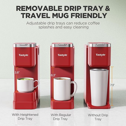 Tastyle 330MF Single Serve Coffee Maker with Built-in Detachable Milk Frother, Iced and Hot Coffee Machine for K Cup & Grounds, 40oz Removable Water Reservoir, 6 Cup Sizes, Fits 7.3" Travel Mug, Red