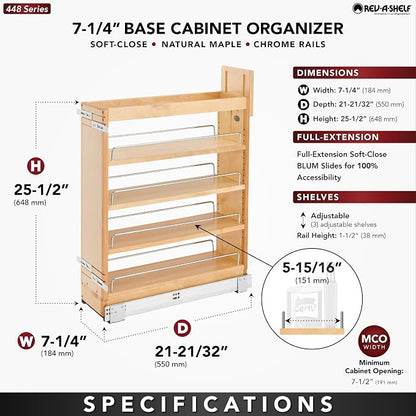 Rev-A-Shelf Maple Pullout Organizer w/Blum Soft-Close for Frameless Full-Height Base Cabinets, Full Extension Slides & Adjustable Shelves, Min Opening Width of 7.5", 448-BCSC-6C