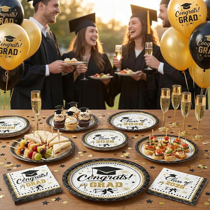 Dereinwo 100 PCS Graduation Paper Plates and Napkins | Bundle Includes Paper Oval Dinner Plates Dessert Plates and Napkins for Graduation Party Supplies