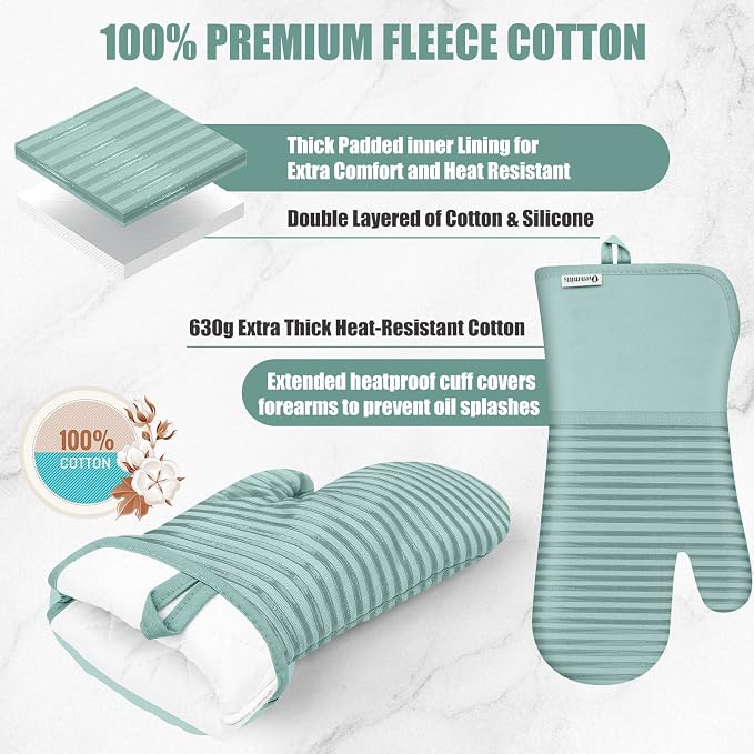 Oven Mitts and Pot Holder Sets with Silicone Grip, 500°F Heat Resistant-6 Pack Dishcloth/Dish Towels for Kitchen 100% Cotton-Value Kitchen Essentials for Cooking, Baking, Grilling-Mint Green