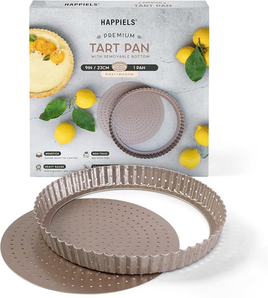 HAPPIELS 9in Tart Pan with Removable Bottom Nonstick, PFOA & BPA Free | Non Toxic Fluted Pie & Quiche Tin | Best Perforated Non Stick Nontoxic 9in Molds with Holes for Oven Baking