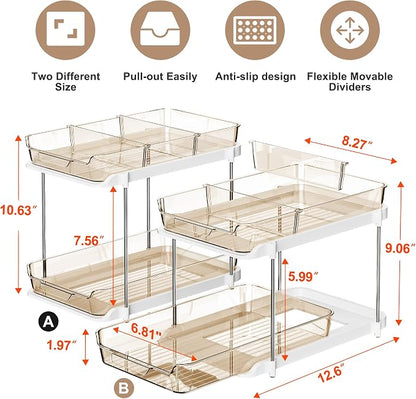 Delamu 2-Tier Multi-Purpose Bathroom Under Sink Organizers and Storage, Stackable Kitchen Pantry Organization, Pull Out Medicine Cabinet Organizer with Movable Dividers, Amber, 2 Pack