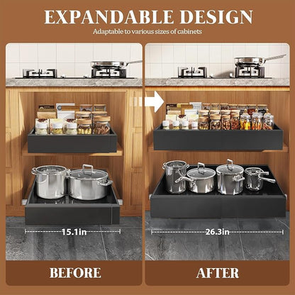 Seinloes 4 Pack Expandable Pull Out Cabinet Organizer 21"Deep With Raising Pad for Framed Cabinets,Upgrade 3 Slide Rails Slide Out Drawers,No Drill Roll Out Shelves,Adjustable Width 15.1"-26.3" Black