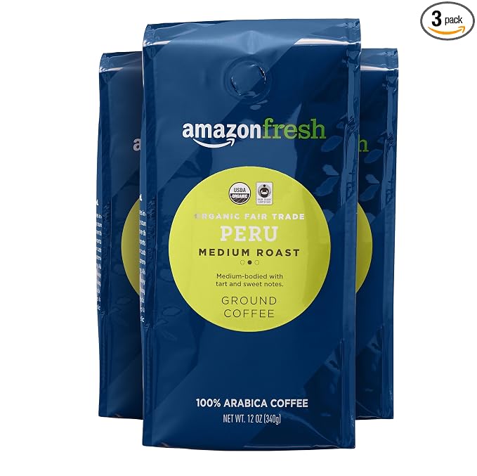 Amazon Fresh Organic Fair Trade Peru Ground Coffee, Medium Roast, 12 Ounce (Pack of 3)