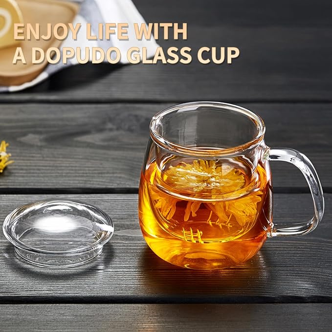 DOPUDO Large Glass Tea Cup, 25.6 oz Borosilicate Glass Tea Mug with Infuser and Lid, Clear Tea Cups for Brewing Scented Tea and Tea Bag.