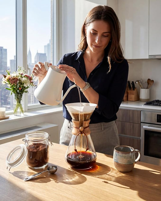 AGOGO Pour Over Coffee Maker Glass with 50pcs Paper Filters -for Home, Office, Camping, Cafes - Easy Clean Coffee Dripper Set (Soft Towel&Brush)(20oz Slim Shape w/Paper Filters)