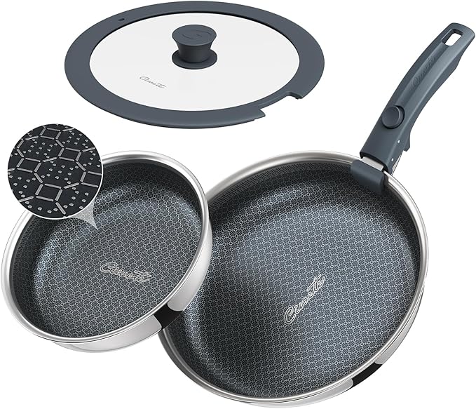 Ciwete Hybrid Non Stick Frying Pans Set 4-Piece, 8 & 10 Inch Tri-Ply Stainless Steel Pans with Lid and Detachable Handle, PFOA Free Skillets for All Cooktops, Dishwasher & Oven-Safe Cookware Set