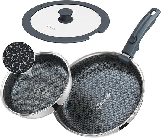 Ciwete Hybrid Non Stick Frying Pans Set 4-Piece, 8 & 10 Inch Tri-Ply Stainless Steel Pans with Lid and Detachable Handle, PFOA Free Skillets for All Cooktops, Dishwasher & Oven-Safe Cookware Set