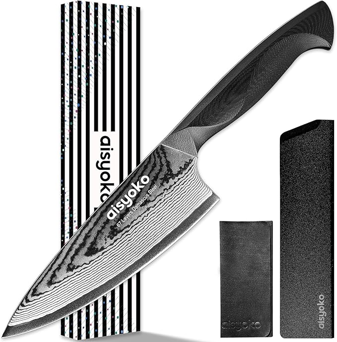 aisyoko Damascus 6.5" Chef Knife Sharp Kitchen Knife Japan VG-10 Stainless Steel Carbon Ultra Sharp Kitchen Cooking Knife, Ergonomic G10 Handle Deluxe Gift Box