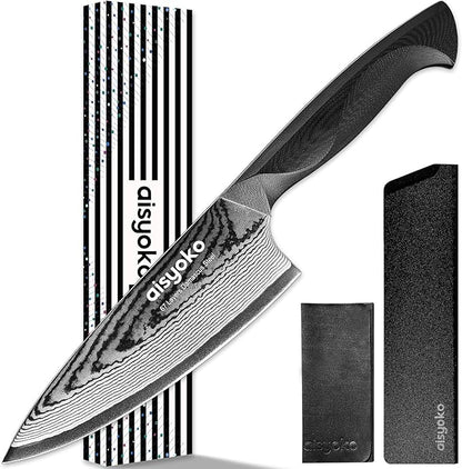 aisyoko Damascus 6.5" Chef Knife Sharp Kitchen Knife Japan VG-10 Stainless Steel Carbon Ultra Sharp Kitchen Cooking Knife, Ergonomic G10 Handle Deluxe Gift Box