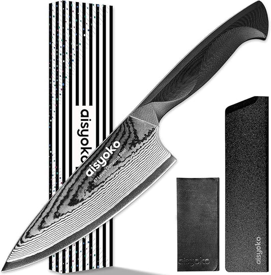 aisyoko Damascus 6.5" Chef Knife Sharp Kitchen Knife Japan VG-10 Stainless Steel Carbon Ultra Sharp Kitchen Cooking Knife, Ergonomic G10 Handle Deluxe Gift Box