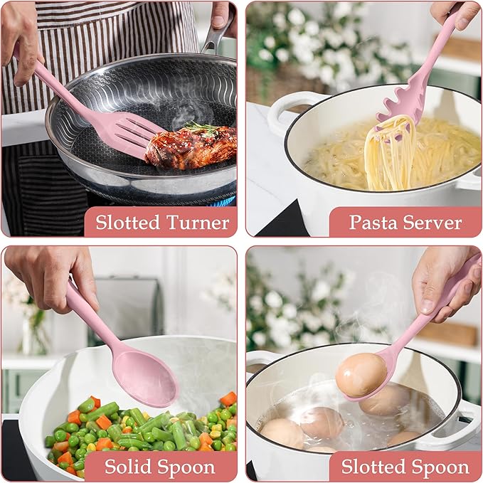 LIANYU Pink Silicone Cooking Utensils Set of 8, Non-Toxic Kitchen Utensils with Spatulas Spoons, Heat Resistant Non-Scratch Kitchen Tool, Healthy & Dishwasher Safe