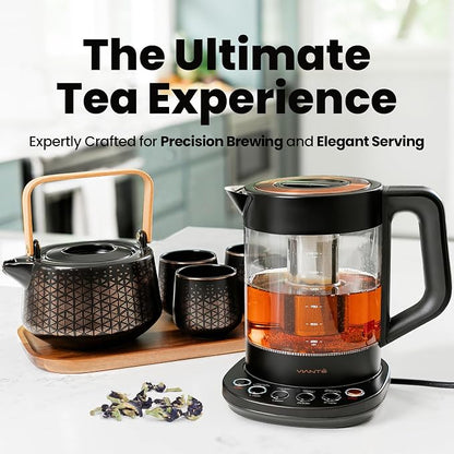 Viante Luxury Tea Set, Electric Kettle with Infuser, No Plastic In Contact With Water, 1.5L Borosilicate Glass, Ceramic Teapot, 4 Ceramic Cups, Bamboo Tray, Gift Box for Tea Lovers