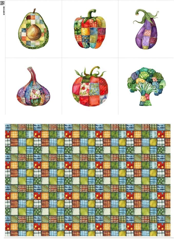 Vegetable Patchwork Cotton Fabric Panel – 6 Designs (10×10 inch Each) + Bonus Patchwork Sheet 29.5×19.6 inch, 100% Cotton 140 GSM