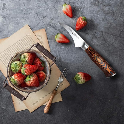 TUO Bird Beak Paring Knife, 2.5 inch Handy Peeling Knife, Curved Small Blade for Fruit & Vegetable, German Stainless Steel, Ergonomic Pakkawood Handle - Fiery Series