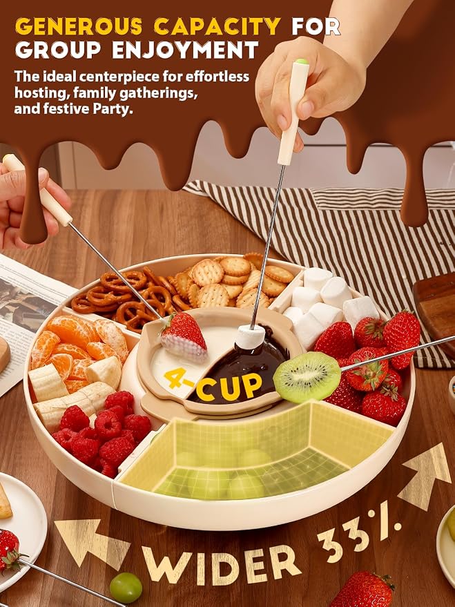 LUSHYUM Chocolate Fondue Pot Set Electric Melting Machine, 4-Cup Capacity 4 Trays 6 Forks 1 Spatula Cheese Warmer, Ideal Gift for Couple Family & Date Night Idea House Warming Holidays Essentials