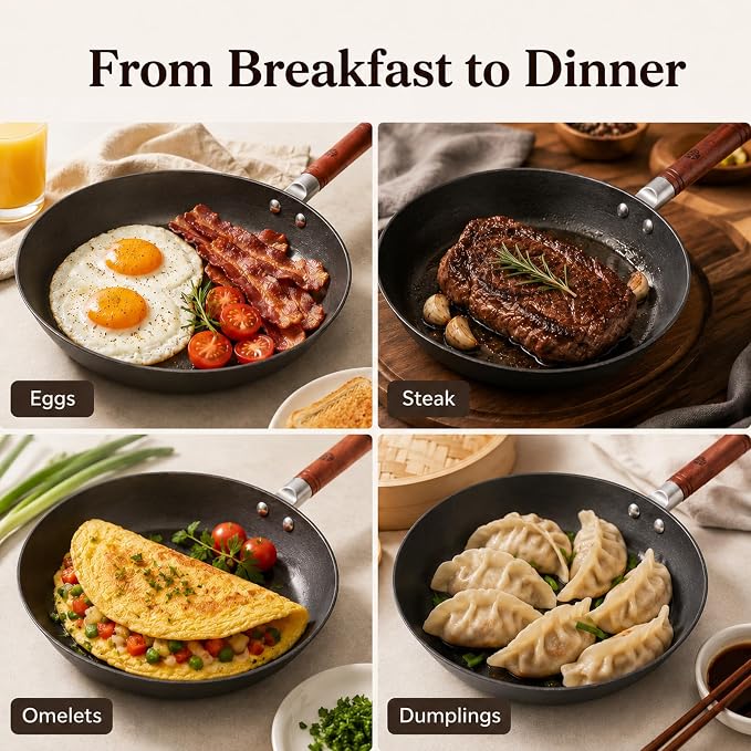 WANGYUANJI 11 Inch Cast Iron Skillet with Glass Lid, Uncoated Cast Iron Frying Pan for Steak, Eggs, Sautéing,Flat Bottom Skillet for Gas, Electric & Induction Cooktops