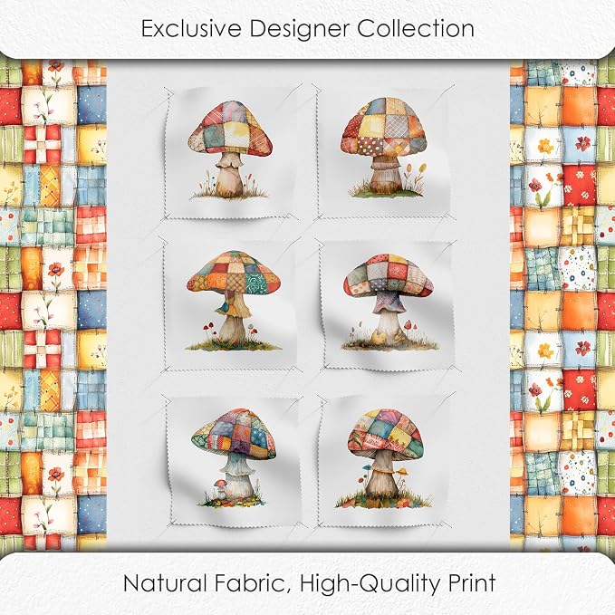 Patchwork Mushroom Cotton Fabric Panel – 6 Designs (10×10 inch Each) + Bonus Sheet 29.5×19.6 inch, 100% Cotton 140 GSM, Made in Türkiye