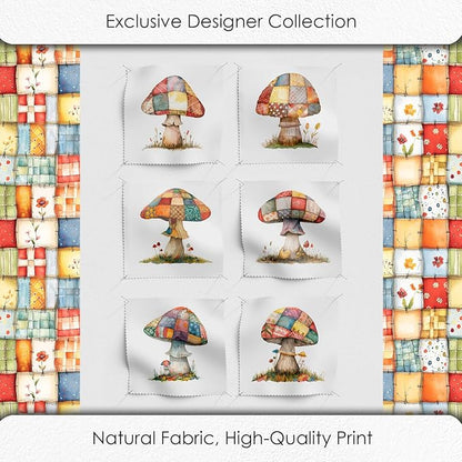 Patchwork Mushroom Cotton Fabric Panel – 6 Designs (10×10 inch Each) + Bonus Sheet 29.5×19.6 inch, 100% Cotton 140 GSM, Made in Türkiye