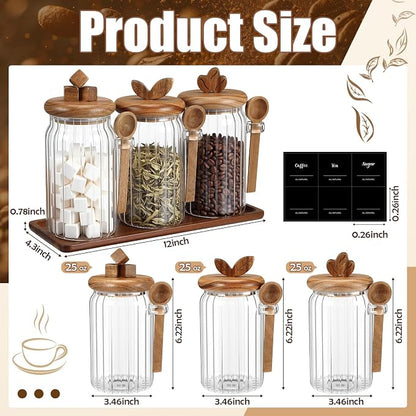 Suclain 3 Pcs Glass Coffee Container with Acacia Wood Lid & Spoon, 25 oz Airtight Glass Jar with Wooden Shelf, Food Storage Containers Coffee Jar Tea Container(Acacia Color)