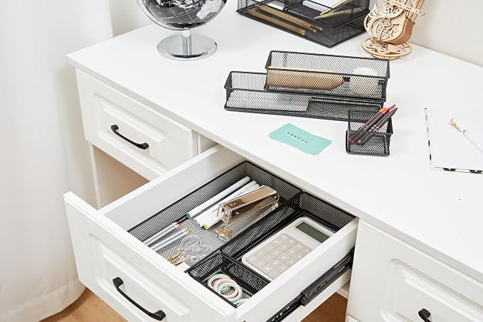 Annova Mesh Stackable Drawer Cabinet and Shelf Organizer Bins Storage Basket School Office Supply Holder Tray- Set of 2 (Black, 6x9x2 Inch)