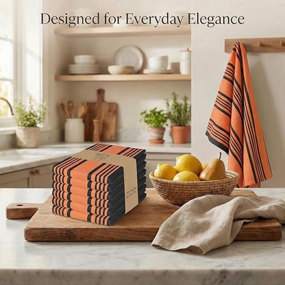 Urban Villa Halloween Kitchen Towels 100% Cotton Set of 6 Dish Towels - 20x30 Inches Highly Absorbent Quick Drying Dish Towels for Kitchen with Hanging Loop Hand & Tea Towels (Orange & Black Striped)