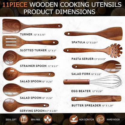 Wooden Spoons for Cooking 11 Pieces Set, High Quality Wooden Kitchen Utensil Set, Wooden Utensil Set, With Strainer Spoon, Pasta server, Fried Spatula and Salad Fork, Egg Beater, Butter Spreader