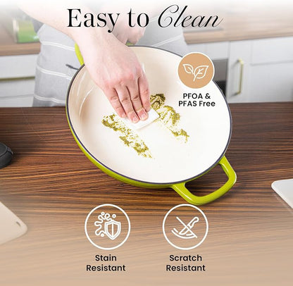 Shallow Cast Iron Casserole with Lid – Non Stick Dutch Oven Pot, Oven Safe up to 500° F – Sturdy Ovenproof Stockpot Cookware – Enamelled Cooking Pot – Green, 5-Quart, 32cm – by Nuovva