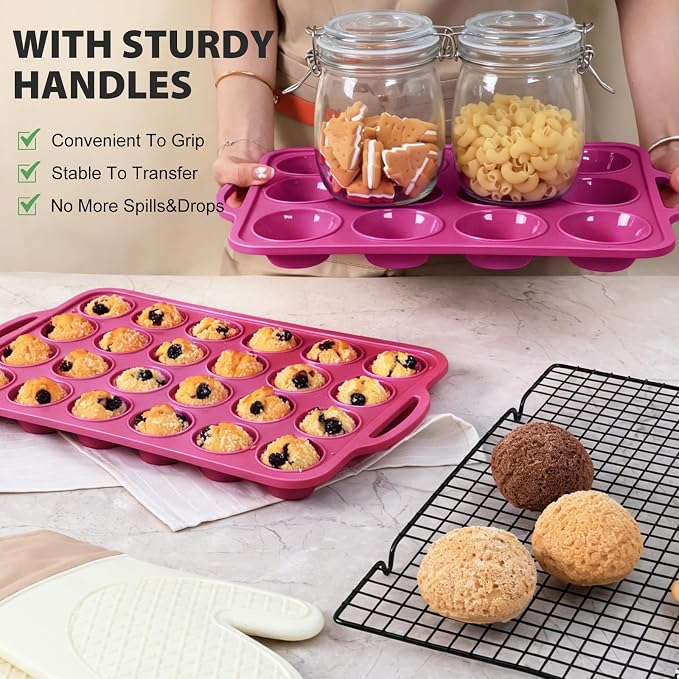 Silicone Muffin Pan for Baking: Non Stick Regular 12 Cup and Mini 24 Cup Muffin Pan Set with Metal Frame - BPA Free 2Pcs Silicone Small Cupcake Tin Tray Egg Bites Mold - for Oven Home Bakers