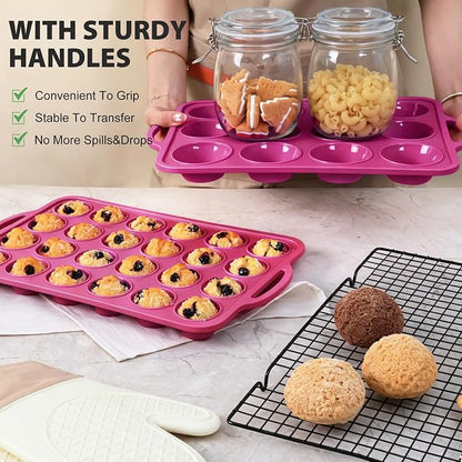 Silicone Muffin Pan for Baking: Non Stick Regular 12 Cup and Mini 24 Cup Muffin Pan Set with Metal Frame - BPA Free 2Pcs Silicone Small Cupcake Tin Tray Egg Bites Mold - for Oven Home Bakers