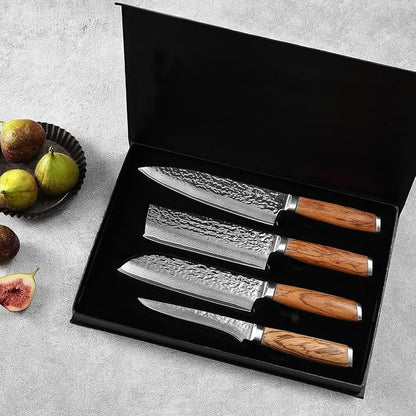 Wakoli 4-Piece Damascus Knife Block Set, VG10 Core 67-Layer Damascus Steel Kitchen Knives with Magnetic Acacia Wood Block, Ergonomic Zebrawood Handles, Hand Wash Only
