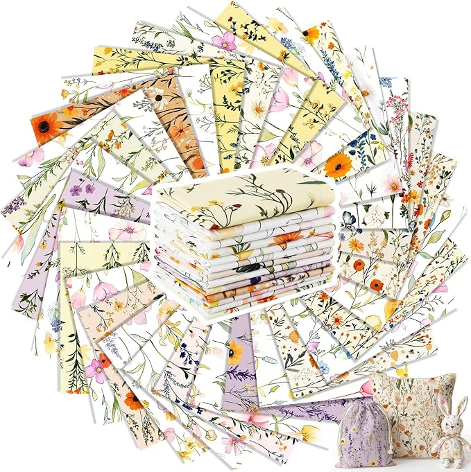Tatuo 30 Pieces 10 x 10 Inches Summer Wildflower Cotton Fabric Bundle Squares Patchwork Floral Fabric Sewing Quilting Bundles Assorted Pattern Cloth for DIY Scrapbook Craft Making