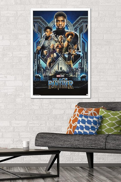 Trends International Marvel Cinematic Universe - Black Panther - Group One Sheet Wall Poster, 22.375" x 34", White Framed Version
